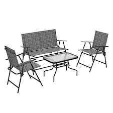 Outsunny Outdoor 4 Pieces Patio Furniture Set with Breathable Mesh Fabric Seat & Backrest, Garden Set with Two Foldable Armchairs, a Loveseat & Glass Top Table, Mixed Grey