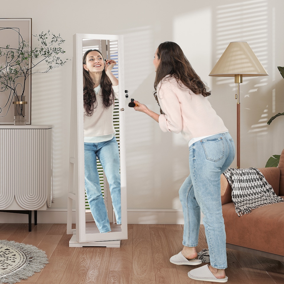image 1 of HOMCOM 360  Swivel Jewellery Cabinet, Free Standing Full Length Mirror with Storage, Lockable Jewellery Organiser with Built-in Makeup Mirror and Storage Shelves for Bedroom, White