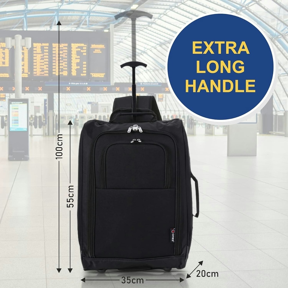 image 1 of 5 Cities 21"/55cm Backpack Trolley Bag Carry On Lightweight Travel Cabin Approved with Shoulder Straps Wheels Suit Case Hand Luggage with 2 Year Warranty Black | Black | Cabin Bag