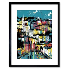 Modern Vertical Cityscape Blue Pink Yellow 9x7" Black Framed Wall Art Print