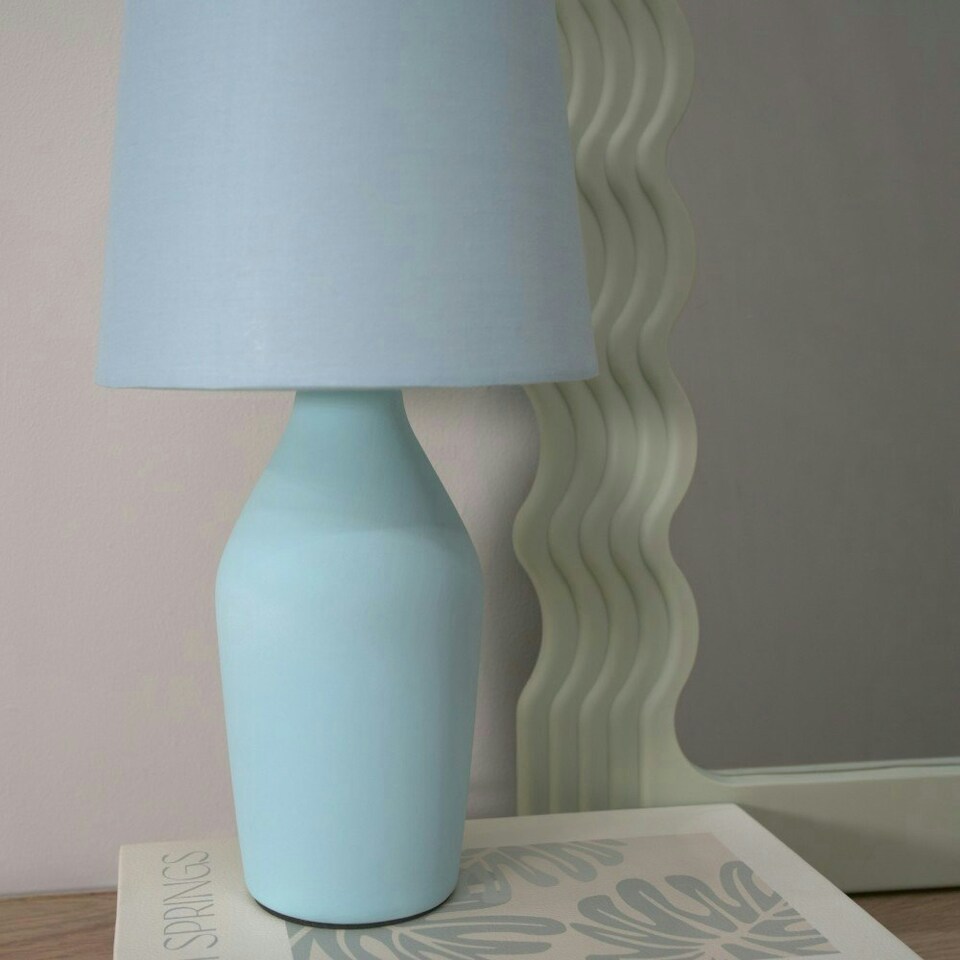 image 1 of ValueLights Arlo Pair of Duck Egg Blue Ceramic Table Lamps with Blue Shades and LED Bulbs Blue