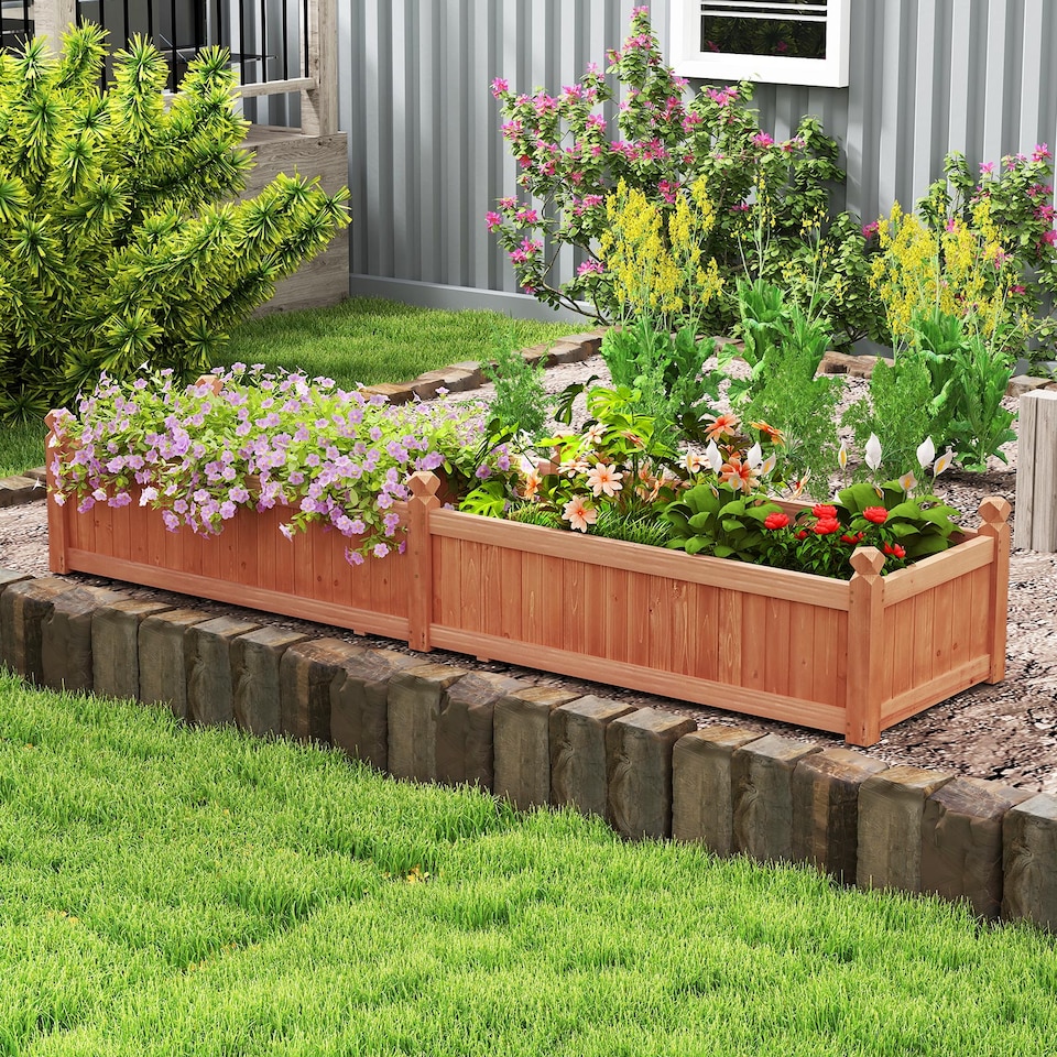 image 1 of COSTWAY Wood Raised Garden Bed Large Planter Box w/Divider-Brown