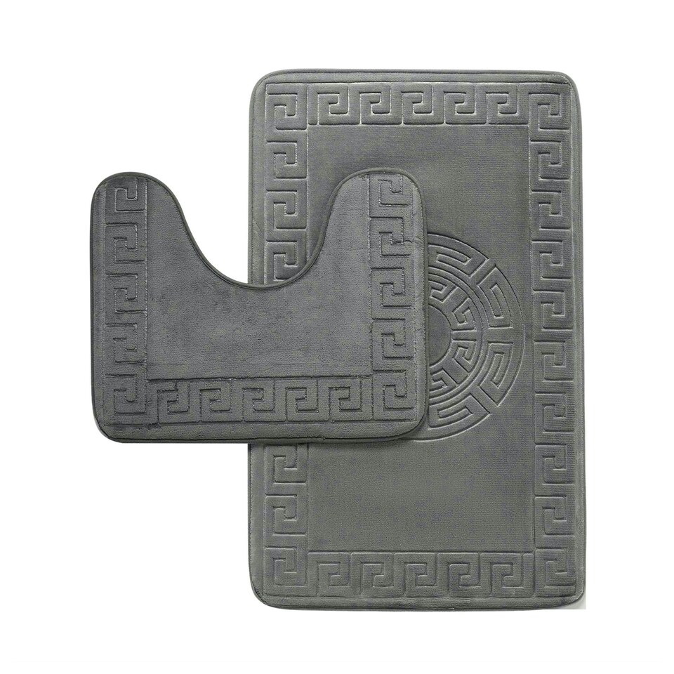 image 1 of VELVETIO Bath Mat Set Greek Pattern Anti Slip Memory Foam Toilet Rug Cream