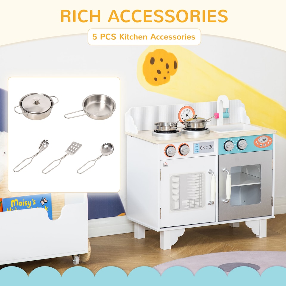 image 1 of HOMCOM Kids Wooden Toy Kitchen Pretend Playset with Sink Faucet Pot for 3-6 Year | White