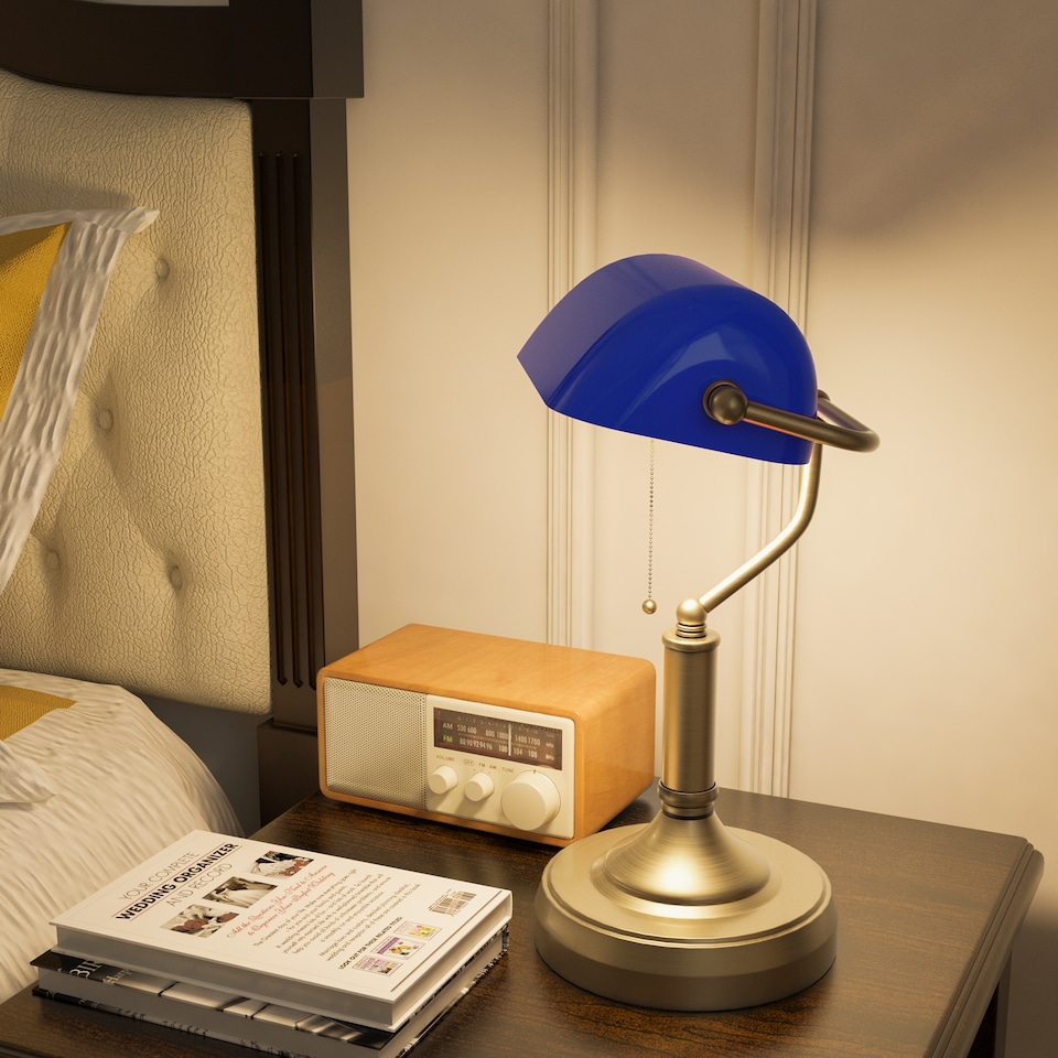 image 1 of HOMCOM Banker's Table Lamp w/ Antique Bronze Tone Base, Blue