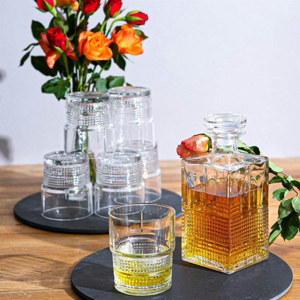 image 1 of Bormioli Rocco 7 Piece Bartender Novecento Whisky Decanter & Glasses Set
