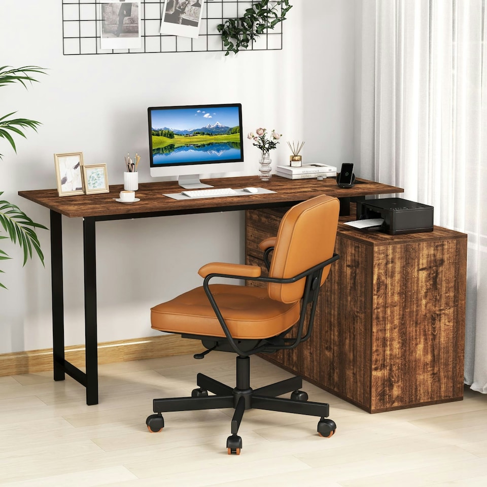 image 1 of COSTWAY L-Shaped Desk Reversible Corner Computer Desk Coffee Brown