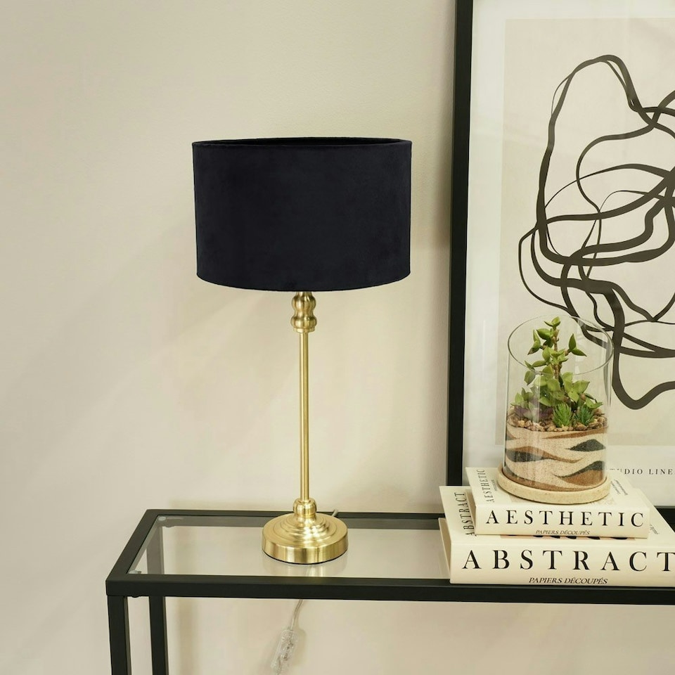 image 1 of ValueLights Maggie Gold Metal Candlestick Slim Table Lamp with Black Velvet Drum Lamp Shade