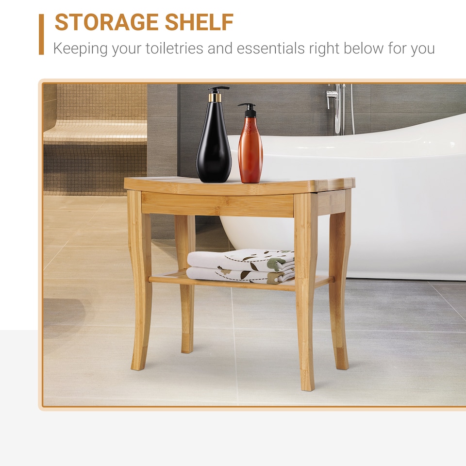 image 1 of HOMCOM 45cm 2-Tier Slatted Shower Bench Storage Seat w 4 Legs Comfortable Safe Bathroom Stool Spa Bath Organiser