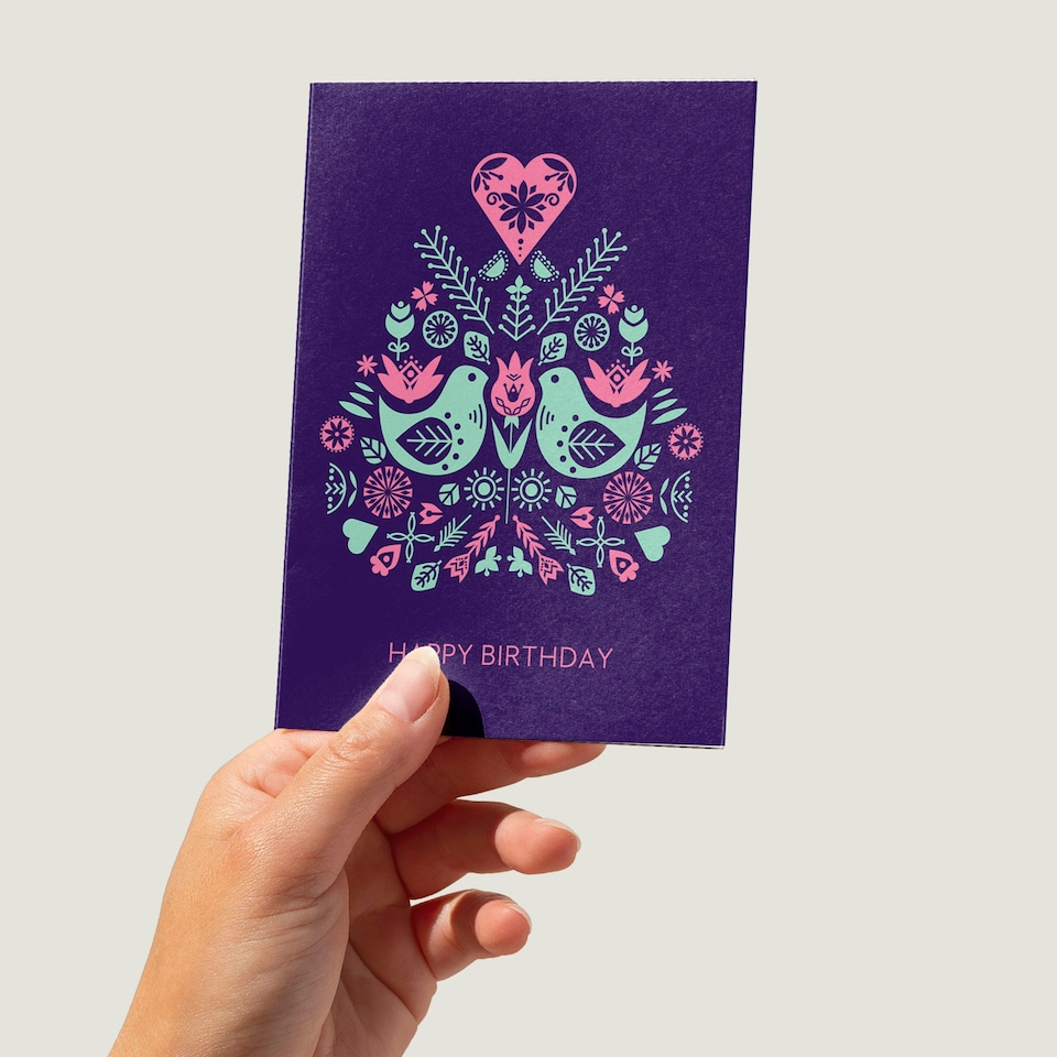 image 1 of Scandi Style Flowers Birds Purple For Her Birthday Greeting Card
