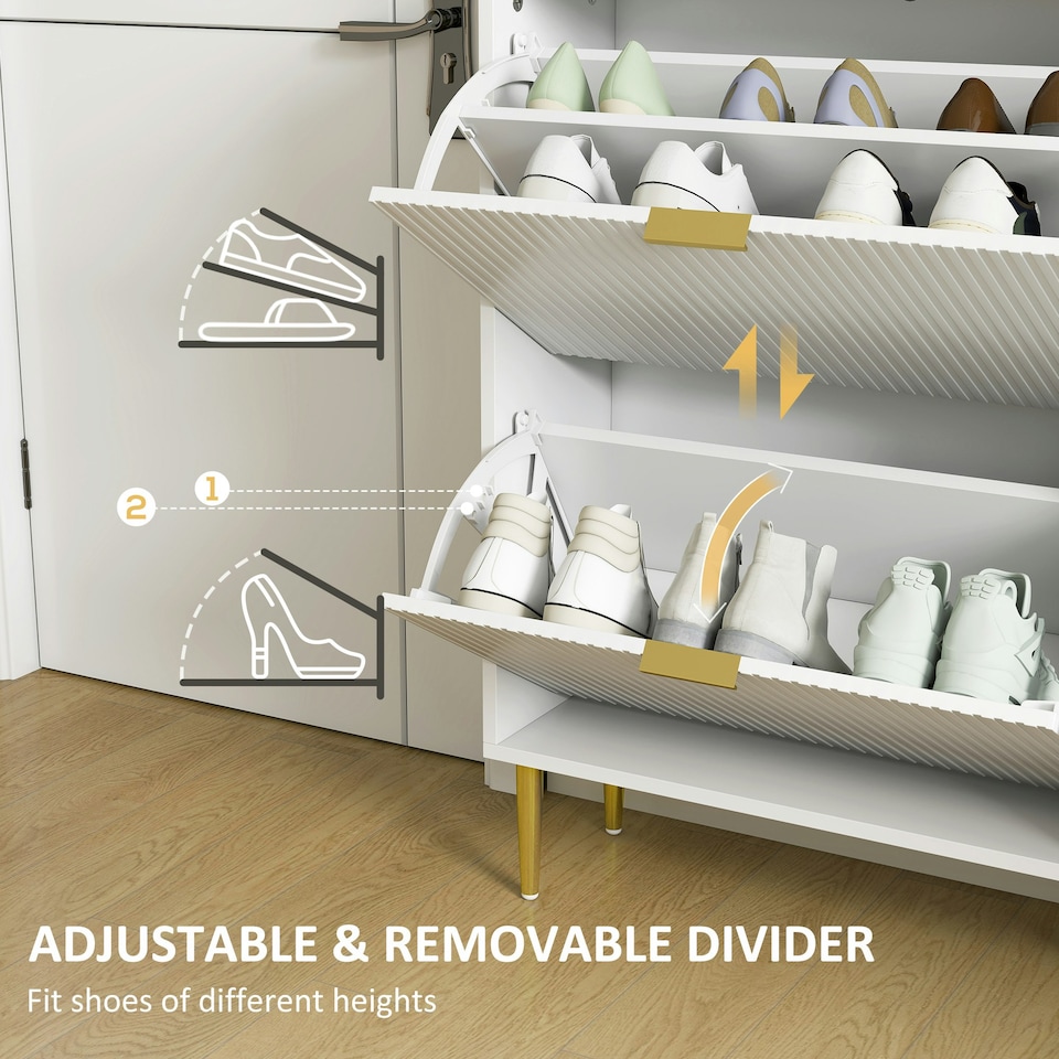 image 1 of HOMCOM Slim Shoe Storage Cabinet with 2 Flip Drawers for Hallway White | Gold | 60W x 24D x 91.5H cm