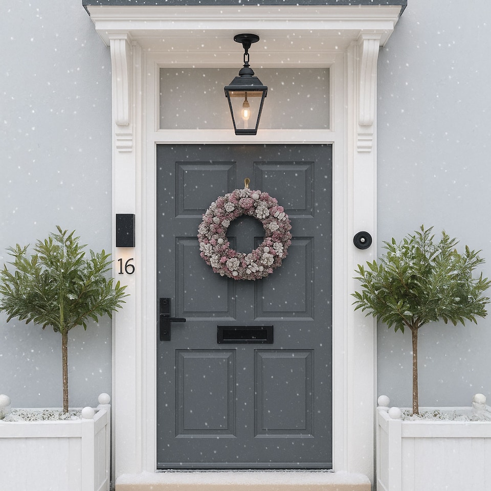 image 1 of Neo Luxury Extra Large Frosted Pinecone Winter Wreath 50cm Home Artificial Christmas Festive Front Door Decoration | Grey | Pink Grey