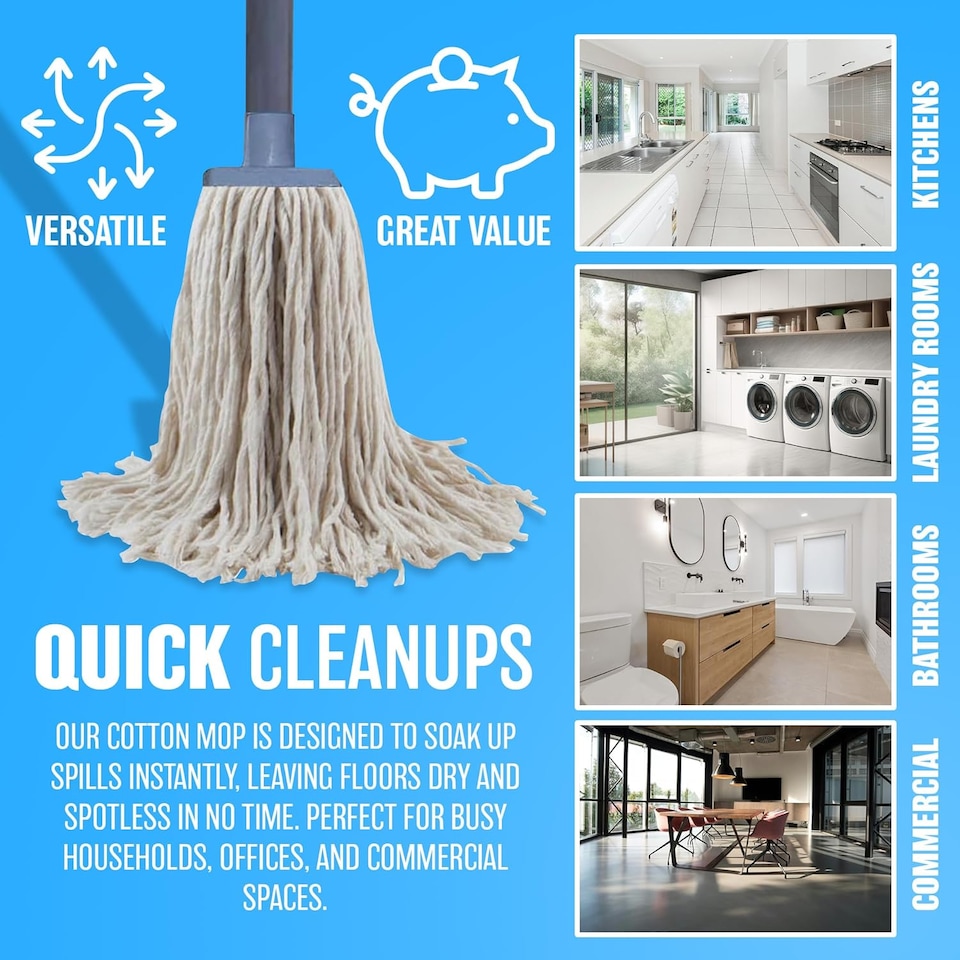 image 1 of Cotton Floor Mop Super Absorbent Cotton Mop Head 116cm Metal Handle