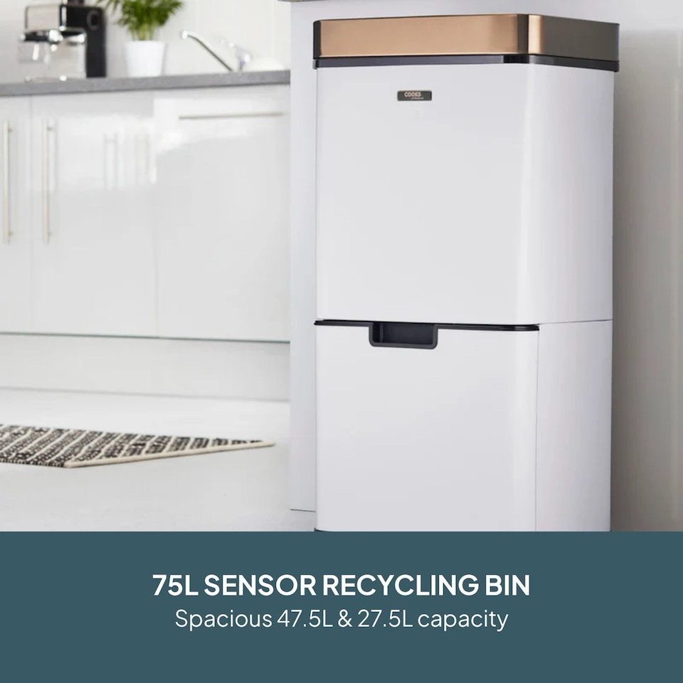 image 1 of Cooks Professional Recycling Sensor Bin 75L with Dual Compartments & Food Caddy | White | White & Copper