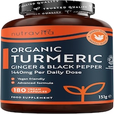 Nutravita Organic Turmeric 1440mg High Strength with Black Pepper, Ginger & Active Ingredient Curcumin - 180 Vegan Capsules - 3 Month Supply