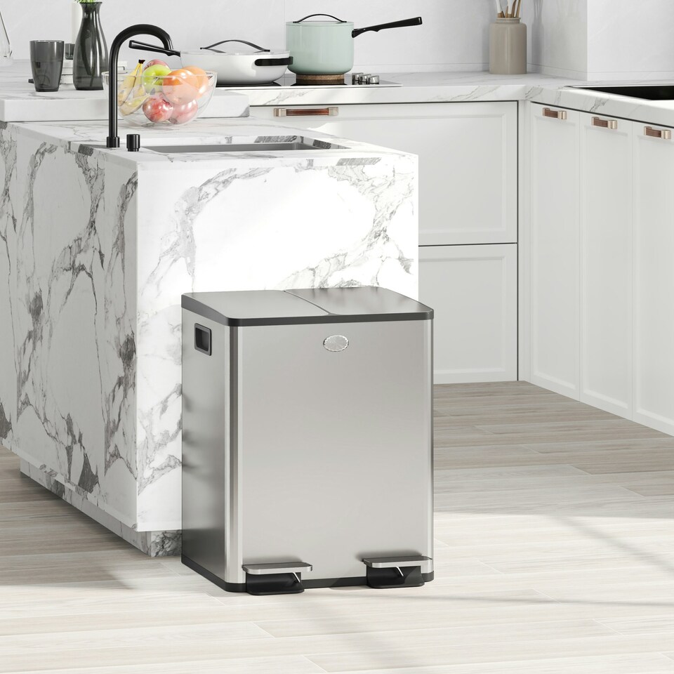 image 1 of HOMCOM 2 x 20L Dual Kitchen Bin Pedal Bin for Recycling and Waste, Silver Black | 40L
