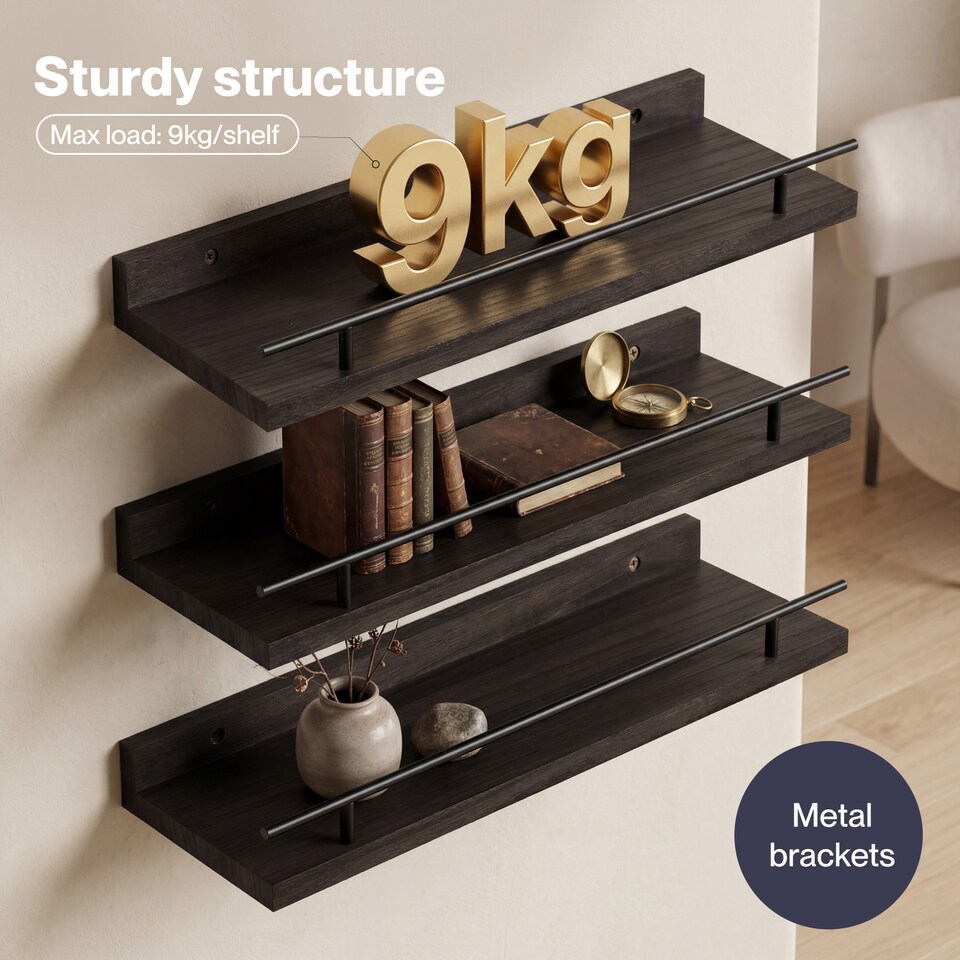 image 1 of Levede Floating Shelves Set of 3 Wooden Wall Mounted Shelves Storage Black