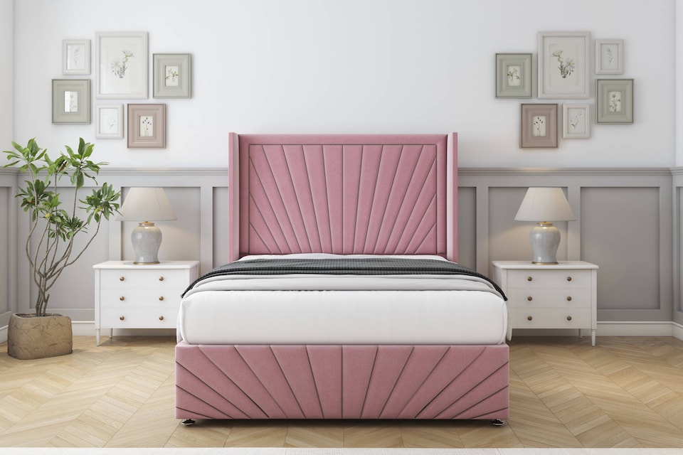 image 1 of Sloomy Rutherford Pink Plush Divan Bed With Mattress No Drawers With 54" Wingback Headboard & 12" Matching Footboard 4'6 Double | Pink | Pink | Double | 1