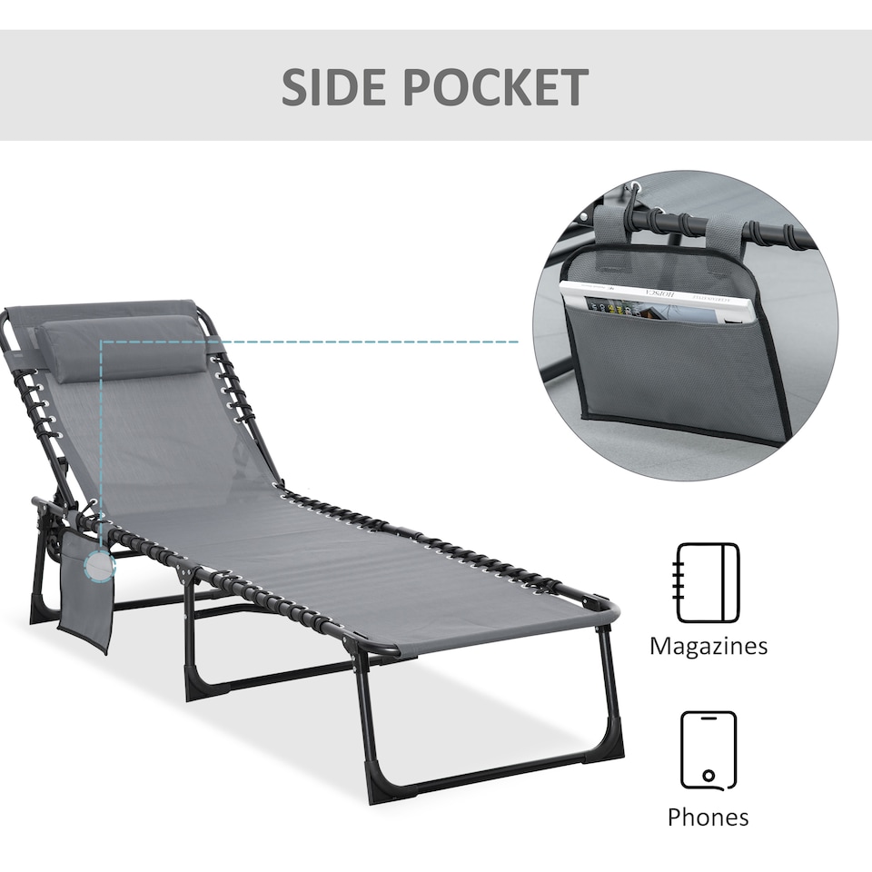 image 1 of Outsunny Portable Sun Lounger, Folding Camping Bed Cot, Reclining Lounge Chair 5-position Adjustable Backrest with Side Pocket, Pillow for Patio Garden Beach Pool | Grey