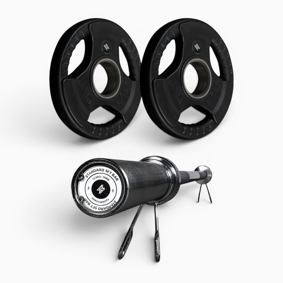 image 1 of GYM SETS Tri Grip Olympic Weight Plates-(2x2.5kg(5kg)/With 5ft Barbell+Clips)