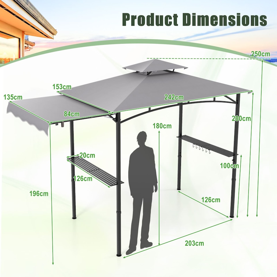 image 1 of COSTWAY 318x153cm Grill Gazebo Outdoor Barbecue Canopy Tent w/Side Awning-Grey