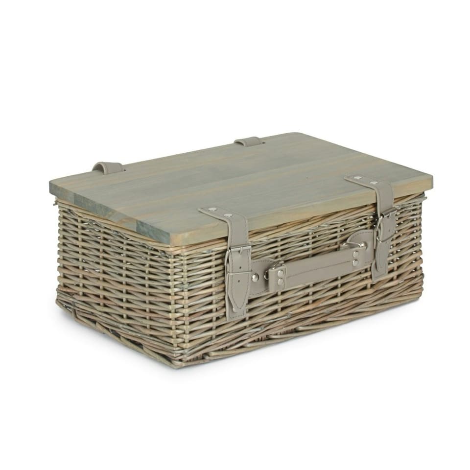image 1 of Antique Wash Empty Picnic Basket with Pinewood Lid Brown | S
