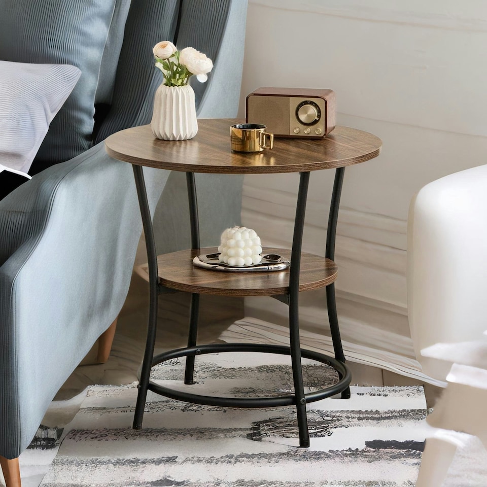image 1 of Industrial Round Coffee Table With 2 Shelves Brown