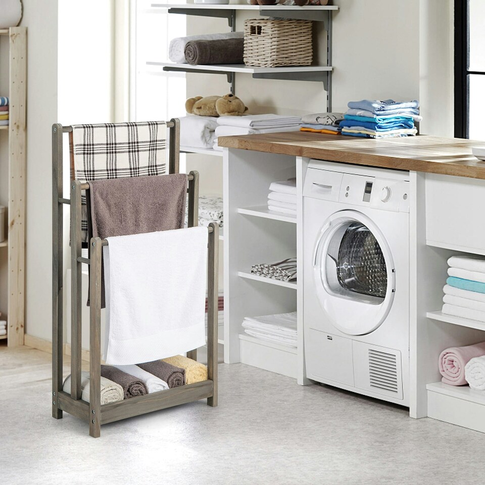 image 1 of COSTWAY 3-Tier Wooden Towel Rack 3 Bars Towel Shelf Grey
