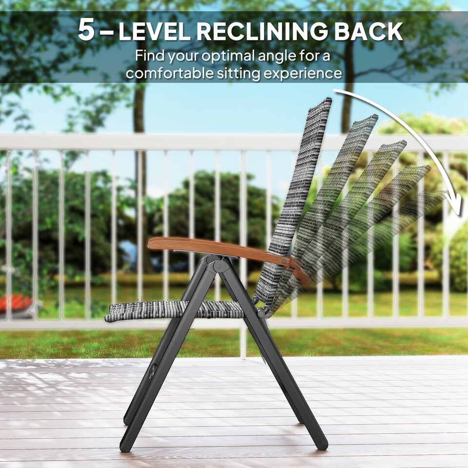 image 1 of Outsunny Folding Garden Chairs Set of 2, 5-level Reclining PE Rattan Garden Dining Chairs with Wood Armrests, High Back and Steel Frame for Outdoor, Patio, Terrace, Porch, Light Grey | Grey | Light Grey