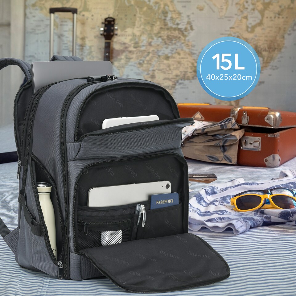 image 1 of Cabin Pro 'Stride' 40x20x25cm Ryanair Cabin Bag Underseat Backpack for Travelling TSA Approved Lock Expandable Backpack - Carry on Luggage | Grey | Grey | 1