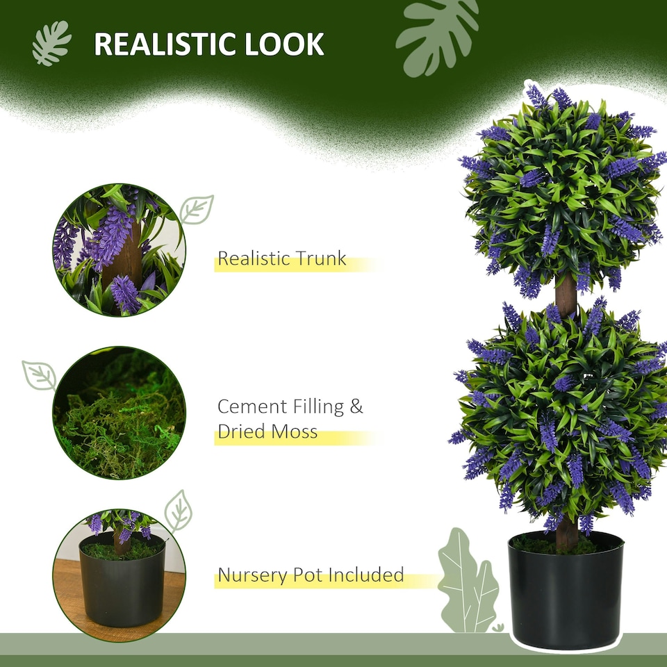 image 1 of HOMCOM Set of 2 Potted Artificial Plants Ball Tree with Lavender Flowers, 70cm
