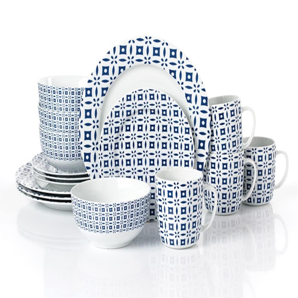 image 1 of 16pc Blue Geo Dinner Set