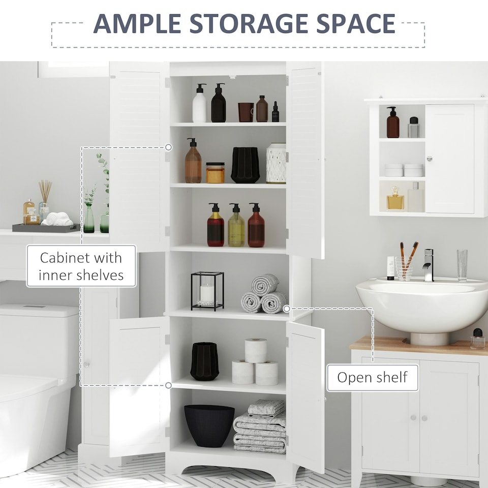 image 1 of HOMCOM 183x60cm Tall Freestanding Bathroom Cabinet Retro 3 Compartments White White