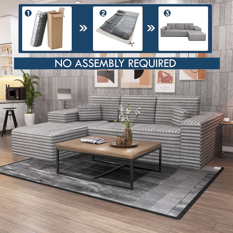 Modern L Shaped Corner Sofa with Chaise Deep Seating Detachable Headrest Cushions No Assembly Living Room Sofa