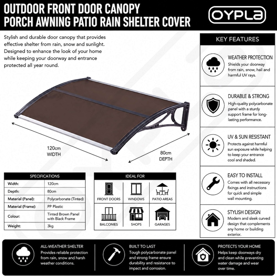 image 1 of Tinted Outdoor Front Door Canopy Porch Awning Patio Rain Shelter Cover 120x80cm | Brown | 1