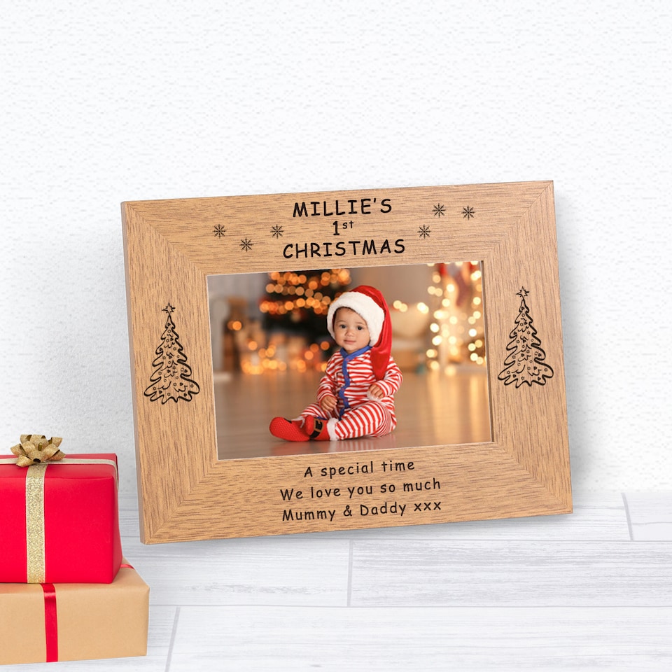 image 1 of Personalised 1st Christmas Wood Picture Frame 6 x 4 Child Christmas Gift