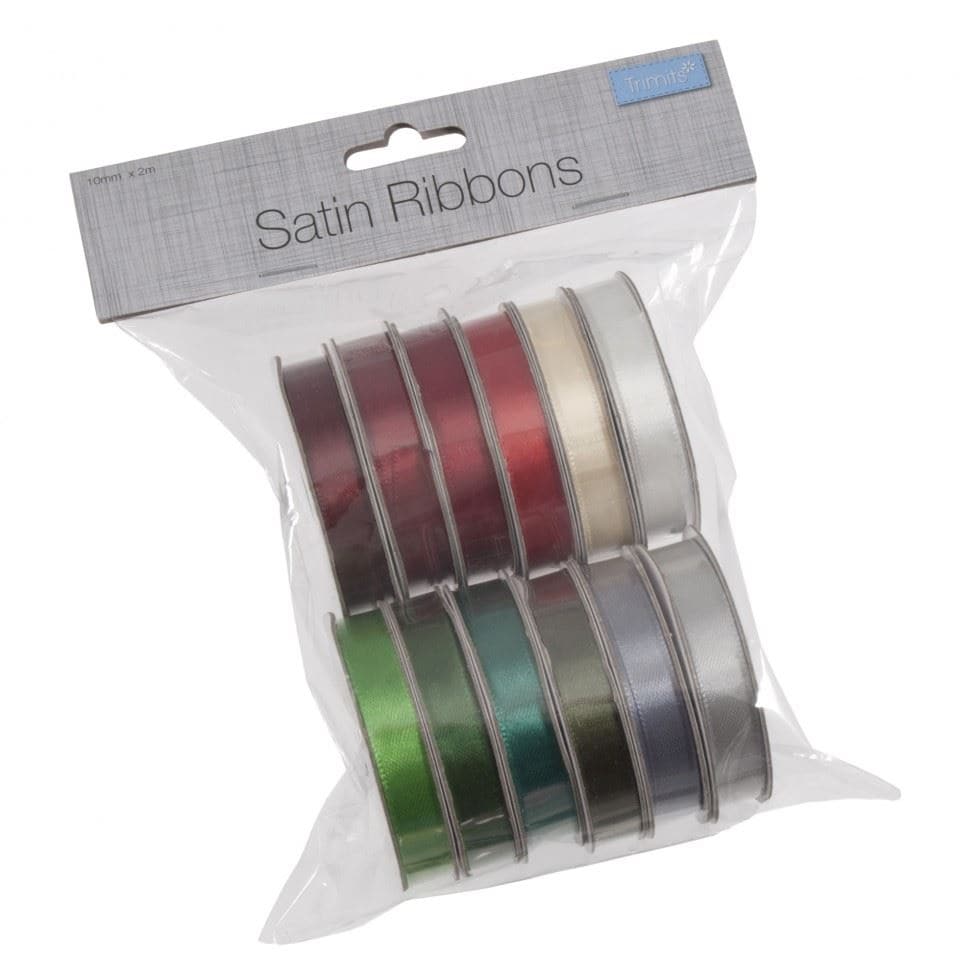 Trimits STN RBN BAG FESTIVE - Ribbon Bag: Satin: Festive Mix: 2m x 10mm: 12 Pieces