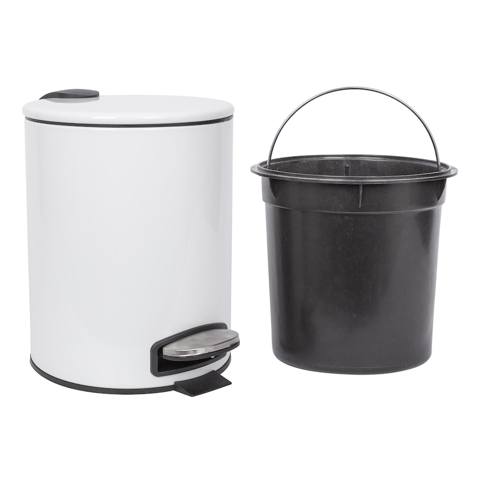 image 1 of Harbour Housewares 2x Bathroom Pedal Bins - 5L - White - Round Stainless Steel Slim Rubbish Dustbin Lid and Inner Liner Bucket