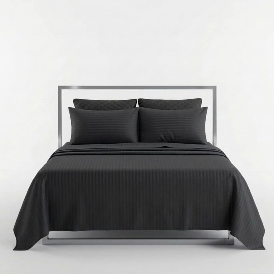 image 1 of Luxury Satin Stripe T250 Cotton Rich Soft Flat Sheet Bed Linen | Black | Super King