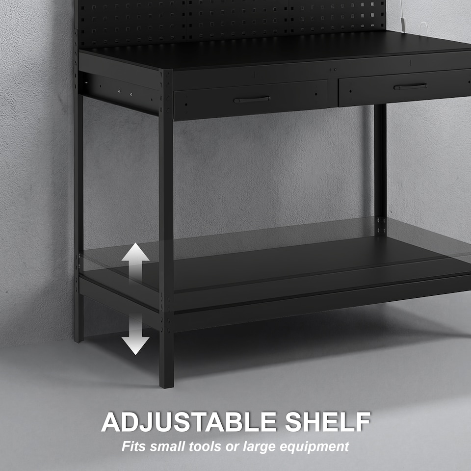 image 1 of HOMCOM 110 cm Workbench with Pegboard and LED Light, 272 kg Load Capacity | Black | Black | 110L x 60W x 150H cm