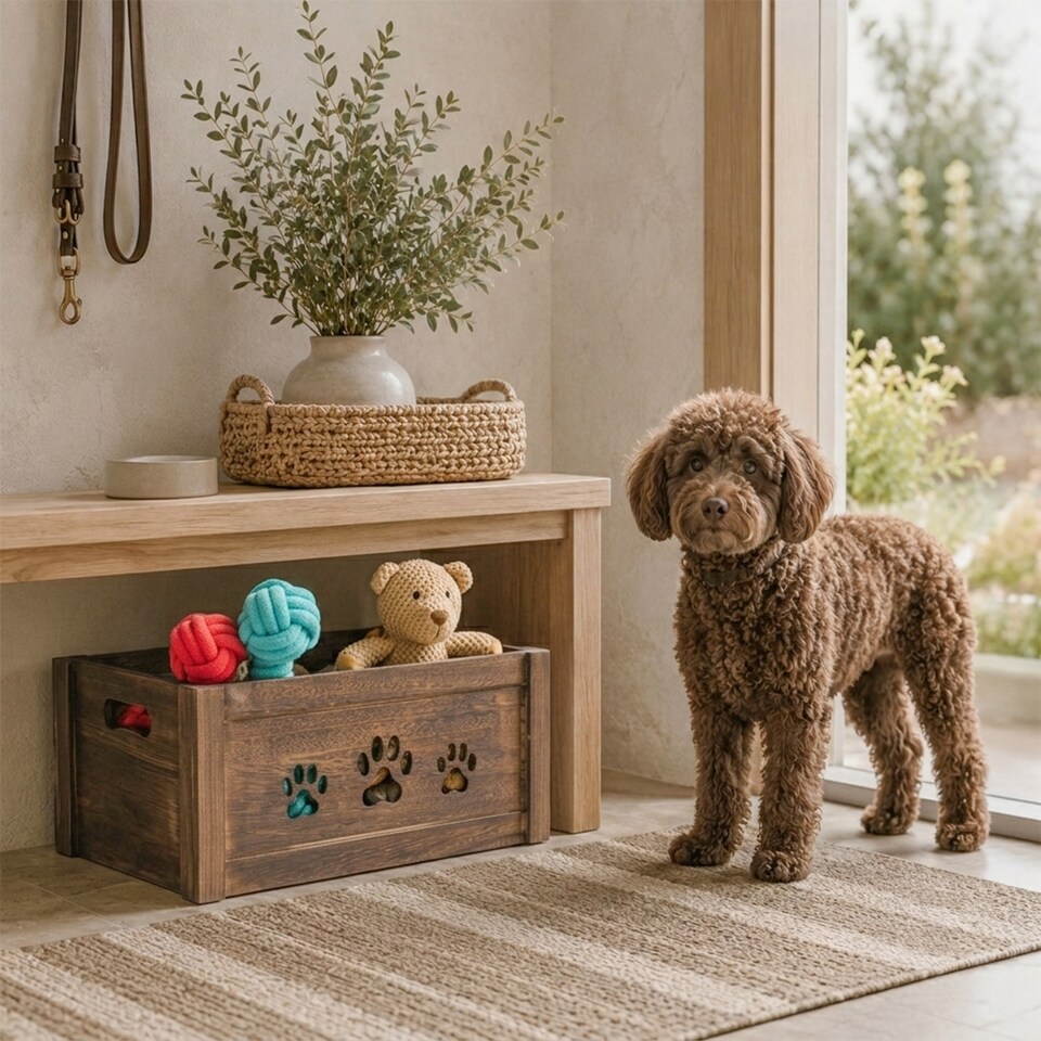image 1 of Paw Shaped Cutout Dog Toys Chest Gift Hampers Storage Collection Box Wooden Crates Gift Hampers (Brown, Large)