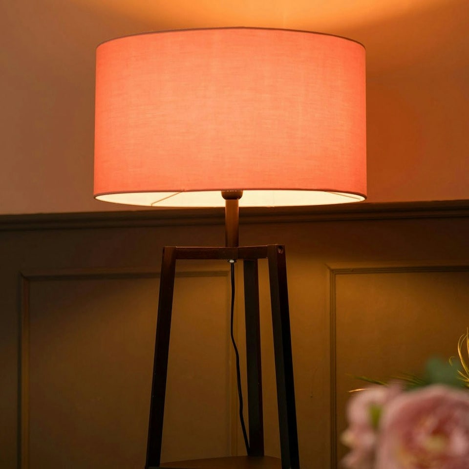 image 1 of ValueLights Hiru Black 3 Tier Shelf Floor Lamp Pink Shade & Bulb | Pink