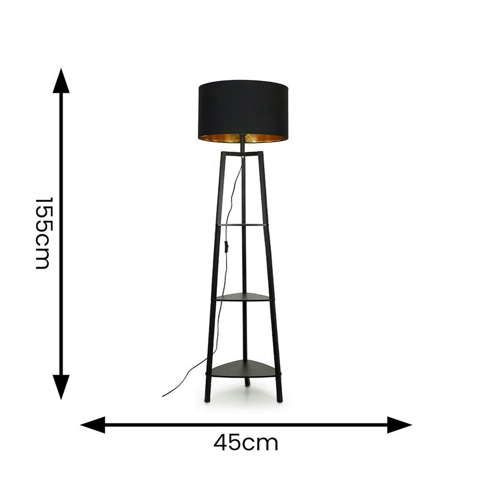 image 1 of ValueLights Black Wooden 3 Tier Floor Standard Lamp with Storage Shelves- Black/Gold Shade + LED Bulb