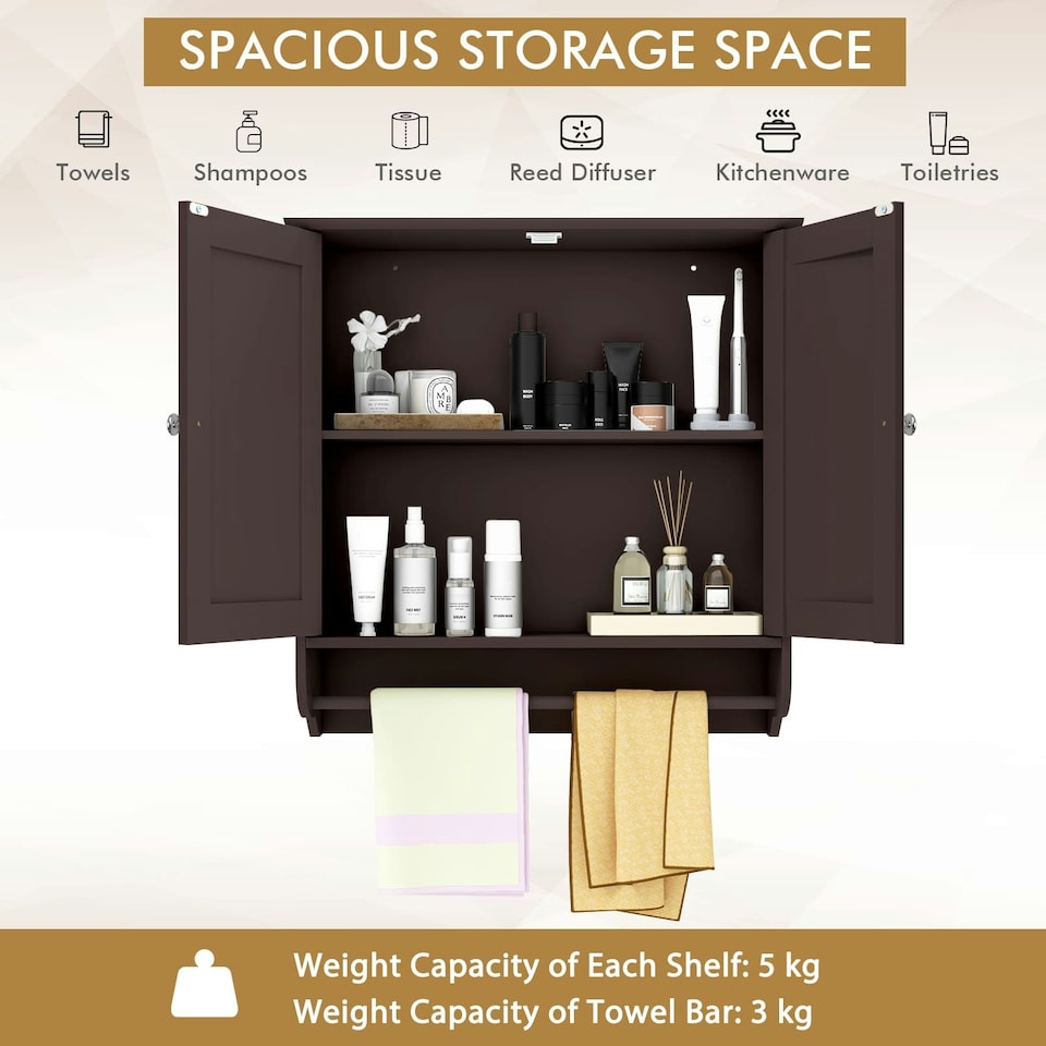 image 1 of COSTWAY Wall Mounted Bathroom Cabinet Medicine Storage Brown Brown