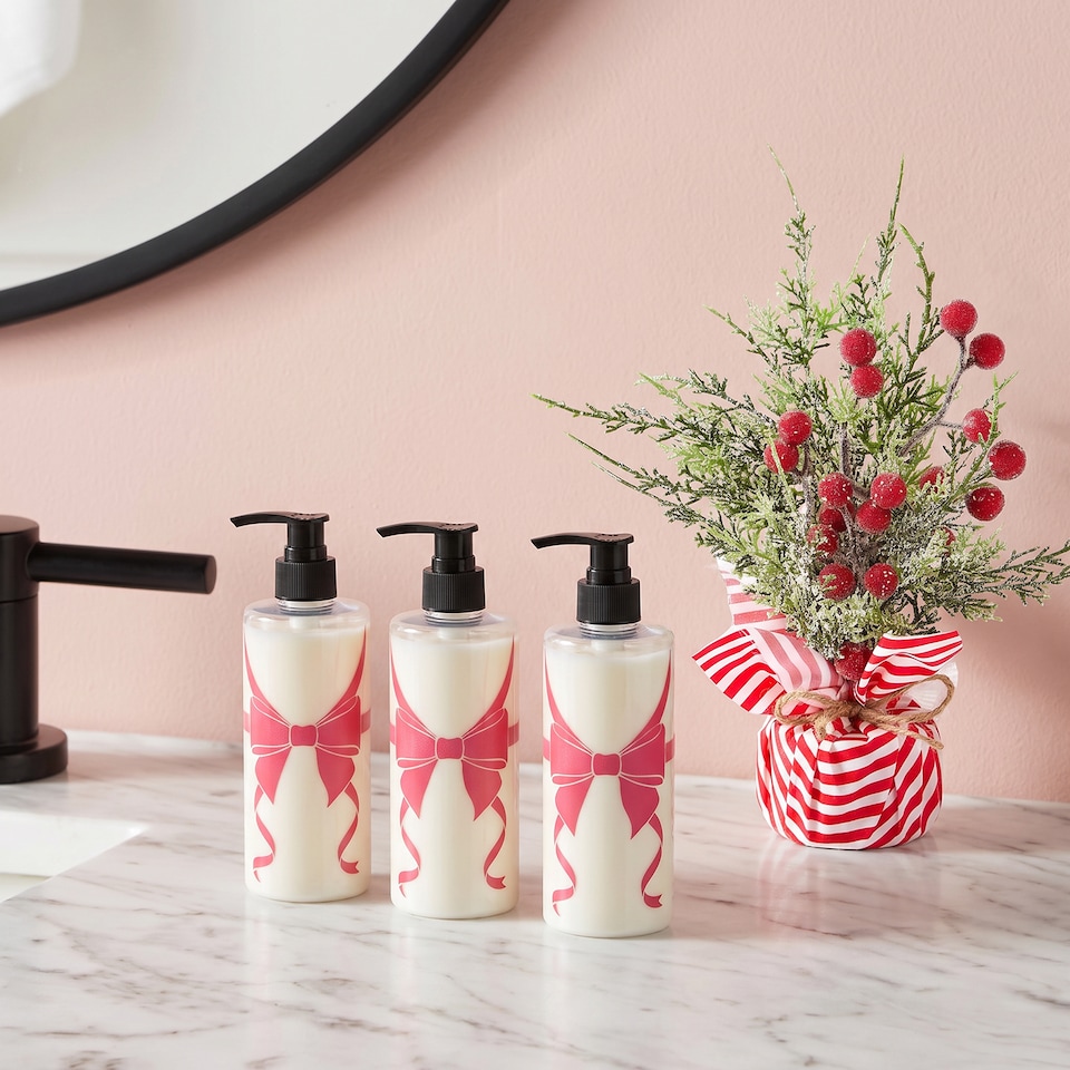 image 1 of OHS Bow Wrapped Dispenser Bottles, Clear/Hot Pink - 3 Pack