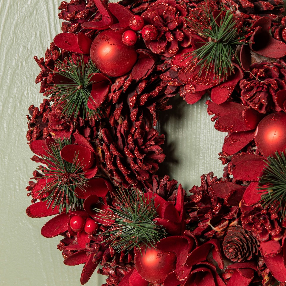 image 1 of 30cm Ruby Pine Hanging Christmas Wreath with Red Pinecones and Berries