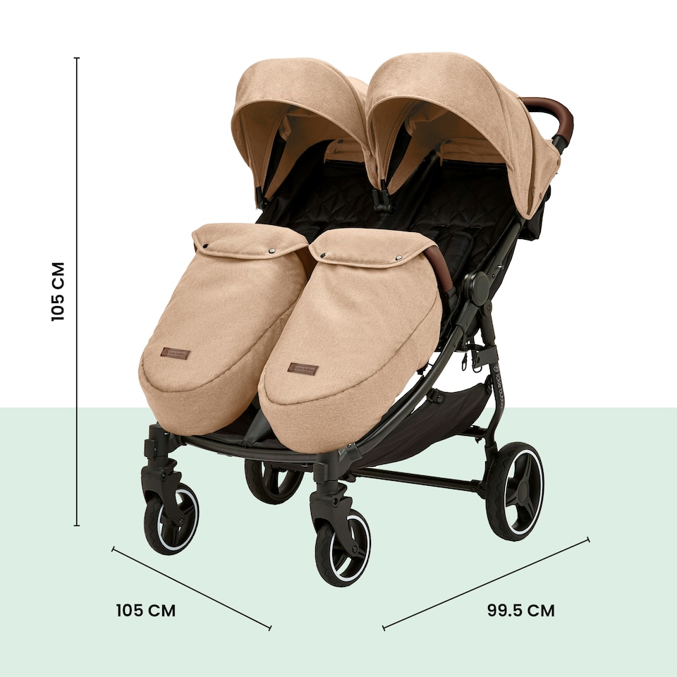image 1 of Venus Max Double Stroller - Birth to 15kgs (Approx. 3 Years), Compact, Lightweight, Foldable Twin Pushchair,  2 Quilted Footwarmers & Rain Cover (Biscuit)