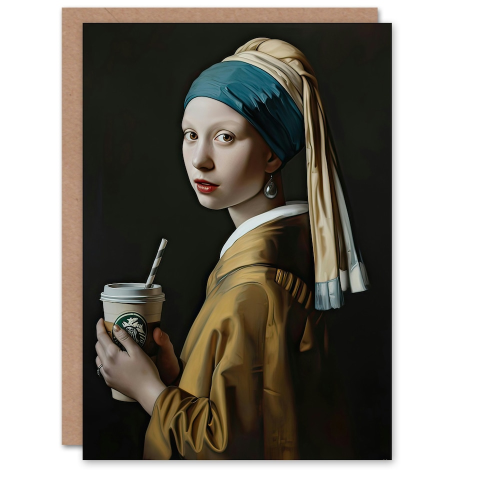 image 1 of Vermeer Girl Pearl Earring Coffee Remake Him Her Birthday Card