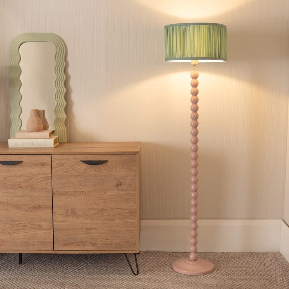 image 1 of ValueLights Bobbins Rose Floor Lamp Ruched Pleat Green Shade