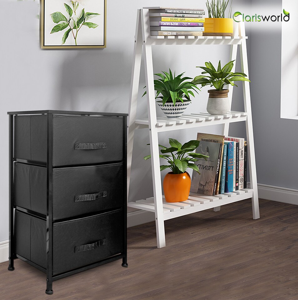 image 1 of Clarisworld 3 Drawer Storage Tower Dresser with Wood Top, Sturdy Steel Frame & Laminated Fabric Drawers, Storage Organiser Unit for Bedroom, Hallway, Entryway, Closet & Office